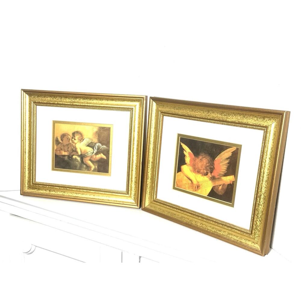 Angel Cherub Art Print Musician Rosso Fiorentino Gold Framed Matted Set 15x16.5”